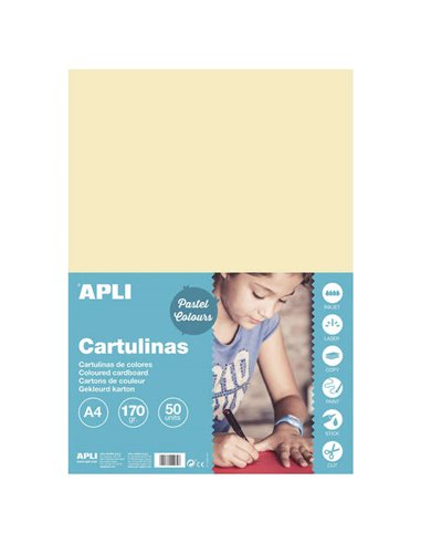 Apli Pack de 50 Cartulinas A4 170g - Sans de Acidos - Aptas Pour Usage Scolaire - Couleur Marfil