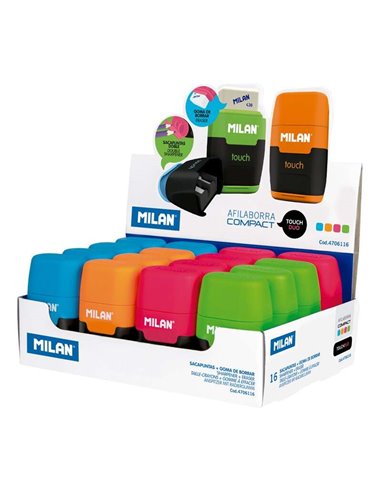 Milan Compact Fluo Présentoir de 16 Afilaborras - Usage Estandar et Maxi - Cuchilla de Acier - Goma de Borrar - Cuchilla de Sécu