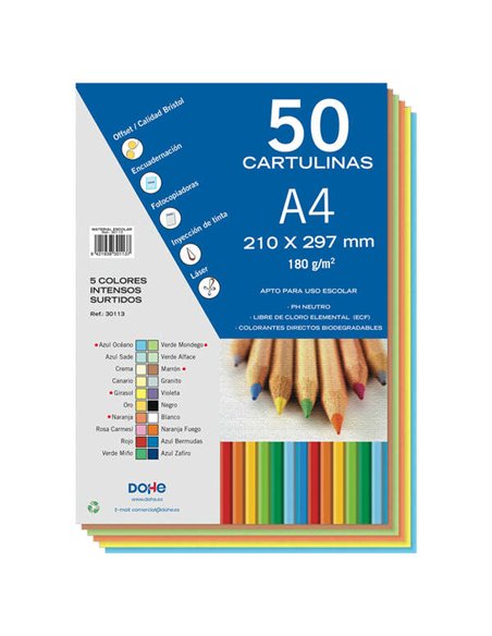 Dohe Pack de 50 Cartulinas A4 de 180gr - Avec PH Neutro - Libres de Cloro Elemental - Couleurs Intensos Assortis