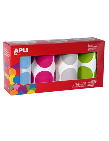 Apli Pack de 4 Rollos de Gomets Redondos Ø 45mm - 1416 Gomets Par Pack - Adhésif permanent - Desarrollo de Habilidades en Niños 