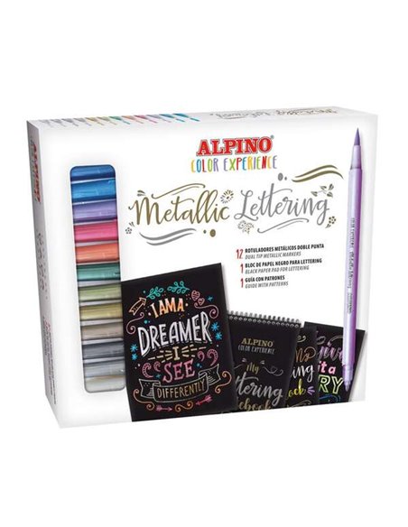 Alpino Couleur Experience Kit de Iniciacion al Lettering Avec 12 Feutres Metalicos de Double Pointe, Pointe Fina et Pointe Pince