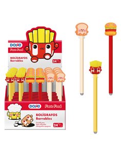 Dohe Présentoir de 24 Boligrafos Borrables - Pointe Bola Metalica 1mm - Trait 0.5mm - Capuchon Decorado Avec Motivos de Alimento