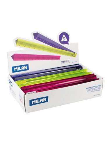 Milan Présentoir de 60 Reglas Triangulares - Longueur 15cm - Plastico - Couleurs assorties