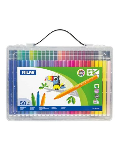 Milan Maletin de 50 Feutres de Pointe Conica - Pointe 5 mm - Encre à Base de eau - Mezclable entre si - Couleurs assorties