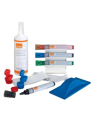 Nobo Pack de Accesorios Pour Tableau Blanca - Comprend 4 Feutres, Borrador Magnetico, Spray de Nettoyage et 10 Imanes - Practico