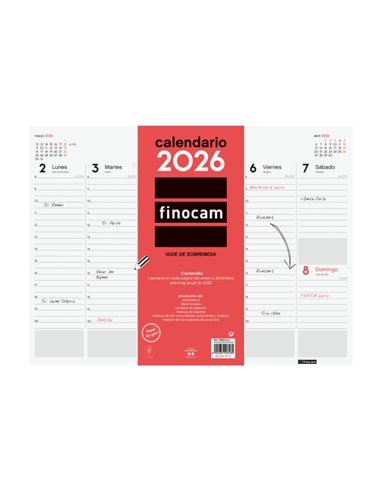 Finocam Vade Protector de Escritorio - Annuel 2026 - Encolado - 420x7x310mm - Semaine sur 2 pages en Vertical - Couleur Blanc et