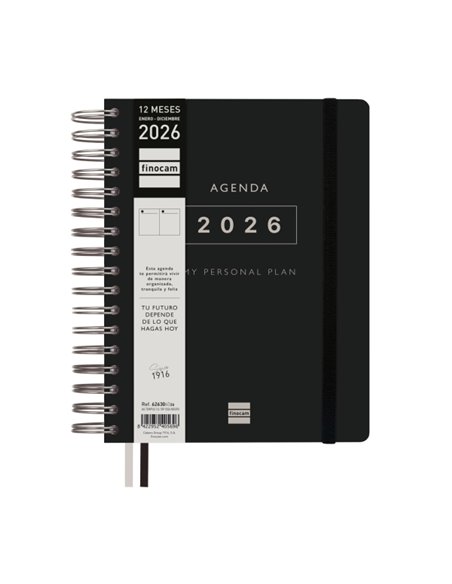 Finocam Tempus Agenda de Spirale - Annuel 2026 - Couvercle Extradura - Fermeture de Goma - Format 1/4 - 157x217mm - 1 Dia Par Pa