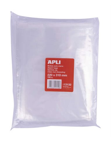 Apli Pack de 100 Bolsas Zip Auto Fermeture Transparentes 220x310mm - Material LDPE - Fermeture Seguro et Facile Manipulacion - A
