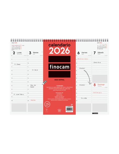 Finocam Vade Calendario de Sobremesa - Annuel 2026 - Avec Spirale - 420x8x320mm - Semaine sur 2 pages en Vertical - Couleur Blan