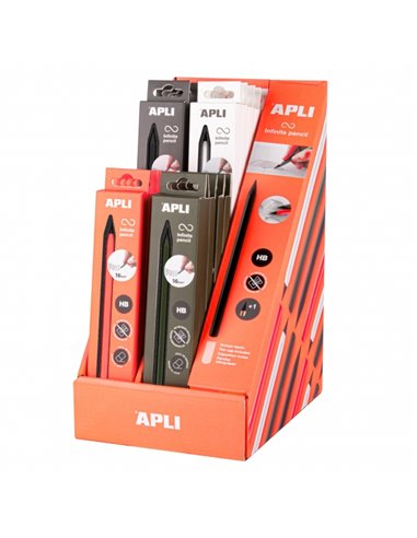Apli Infinite Pencil Neon Présentoir Avec 20 Packs de Crayon Infinito HB + Mina de Recambio + Tapon Protector - Pour Escribir Ju
