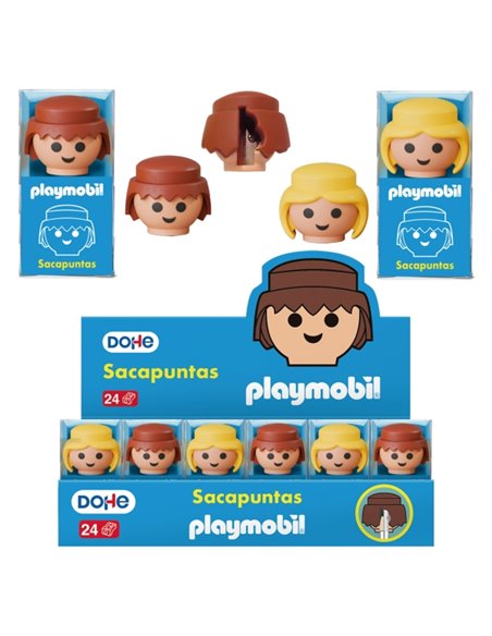 Dohe Playmobil Présentoir de 24 Sacapuntas - 1 Orificio et Cuchilla de Acier - Avec Forma de les Muñecos Playmobil