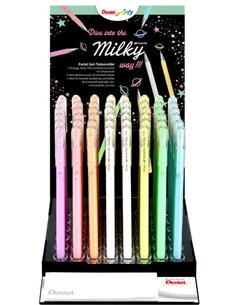 Pentel Hybrid Milky Présentoir de 48 Boligrafos de Bola - Pointe Fina 0.8mm - Trait 0.4mm - Encre de Gel Opaca - Couleurs assort