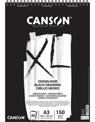 Canson XL Black Bloc de 40 Feuilles Negras 150g A3 - Grano Fino - Spirale Microperforado