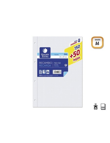 Golden Extra Recambio de 200 Feuilles 90gr Cuadricula 4x4 - Format A4 - 4 Taladros