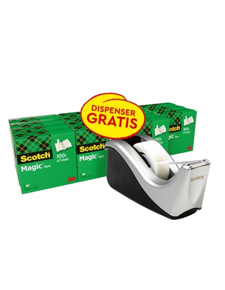 Scotch Magic Pack de 16 Cintas Adhesivas Invisibles 19mm x 33m + Dispensador Gratis - Couleur du Dispensador Noir/Gris