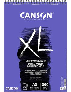 Canson Xl Mix Media Bloc de Dibujo Acuarela de 30 Feuilles A3 - Grano Texturado - Microperforado Spirale - 21x29.7cm - 300g - Co