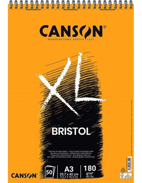 Canson Bloc XL Bristol Extraliso A3 de 50 Feuilles 180gr - Acabado Satinado - Muy Résistant - Couleur Blanc