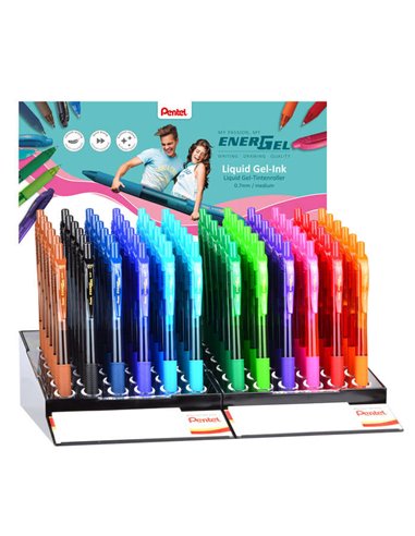 Pentel EnerGel X Présentoir de 72 Boligrafos de Bola Retractiles Encre Gel - Pointe 0.7mm - Trait 0.35mm - Rechargeable - Grip d