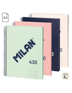 Milan Serie 1918 Pack de 4 Cuadernos Spirale Format A4 Cuadricula 5x5mm - 80 Feuilles de 95 gr/m2 - Microperforado, 4 Taladros -