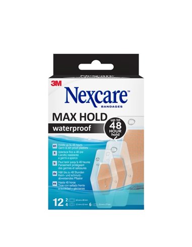 Nexcare Max Hold Waterproof Pack de 12 Pansements assortis - Imperméable - Fijacion 48H - Respirant - Couleur Transparent