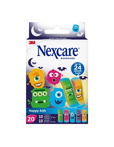 Nexcare Happy Kids Monsters Pack de 20 Pansements assortis - Transpirables - Pour Pieles Delicadas - Couleur Estampado Infantil