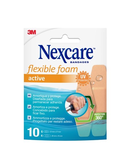 Nexcare Active Flexible Foam Pack de 10 Pansements assortis - Respirant - Résistant à l'eau - Couleur Chair