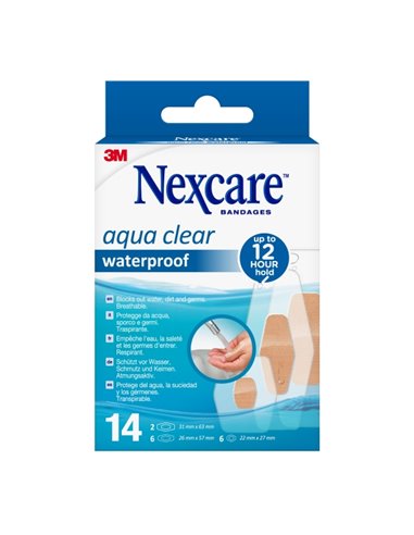 Nexcare Aqua Clear Waterproof Pack de 14 Pansements assortis - Impermeables - Couleur Transparent