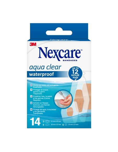 Nexcare Aqua Clear Waterproof Pack de 14 Pansements assortis - Impermeables - Couleur Transparent