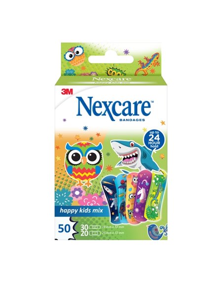 Nexcare Happy Kids Mix Pack de 50 Pansements assortis - Transpirables - Pour Pieles Delicadas - Couleur Estampado Infantil