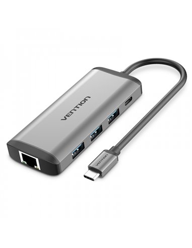 Vention Docking Station 7 en 1 USB-C à HDMI 4K/3xUSB3.0/RJ45/Lector SD/TF/PD87W - 0.15m - Couleur Gris