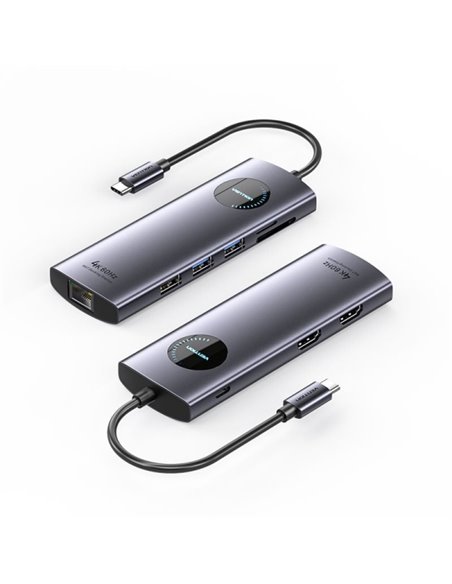 Vention Docking Station 9 en 1 USB-C à 2xHDMI/2xUSB3.0/USB 2.0/RJ45/SD/TF/PD 100W - 0.15m - Couleur Gris