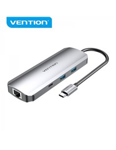 Vention Docking Station 9 en 1 USB-C à HDMI 4K/2xUSB3.0/USB-C Gen1/RJ45/Lector TF/SD/Jack Audio/PD100W - 0.15m - Couleur Gris