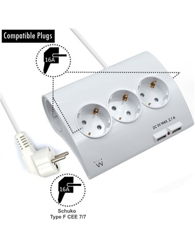 Ewent Regleta de Energia - 5 enchufes - Version Schuko - 16A - 2 Puertos USB - Câble de 1.5m - Couleur Blanc