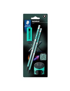Staedtler Norix Pack de 2 Lapices de Grafito HB + Borrador + Sacapuntas - Bois Negra - Design Intelligente