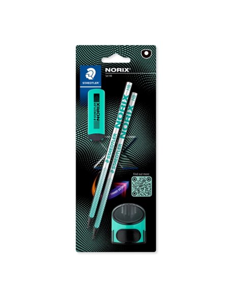 Staedtler Norix Pack de 2 Lapices de Grafito HB + Borrador + Sacapuntas - Bois Negra - Design Intelligente