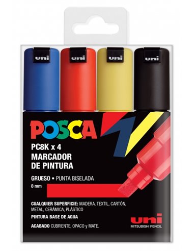 Posca PC-8K Étui de 4 Marcadores de Pintura - Pointe Biselada Acrilica 8mm - Encre Base al Eau - No Permanent - Résistant à la L