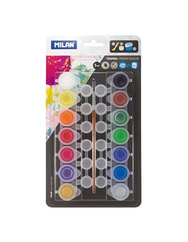 Milan Pack de 14 Tarros de Tempera 5 ml + 12 Botes Pour Mezclas + 1 Pincel Serie 101 - Séchage rapide - Mezclable - Couleurs ass