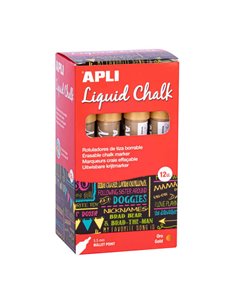 Apli Pack de 12 Feutres de Tiza Liquida - Pointe Ronde - Idéal Pour Pizarras, Plastico, Vinilos, Metal, Etc - Facile de Borrar -