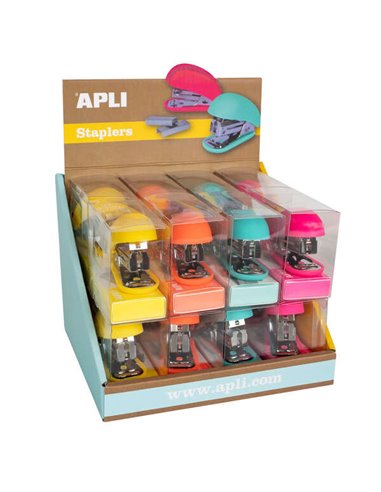 Apli Présentoir de 16 Grapadoras Fluor Collection - Utiliza Agrafes 22/6-24/6 - Comprend 1000 Agrafes Par Agrafeuse - Couleurs F