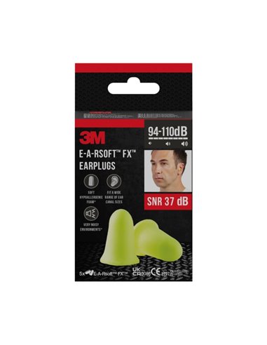 3M E-À-Rsoft Fx Pack de 10 Tapones Pour Oidos - Espuma de Poliuretano Doux - SNR 37dB - 5 Pares - Couleur Jaune