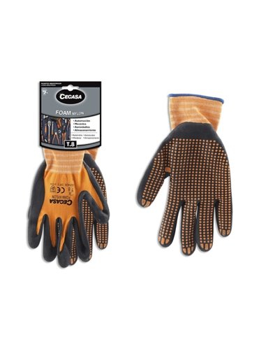 Cegasa Gants de Travail Taille 8 - Fabricados en Nylon Avec Recubimiento de Foam Avec Dots de Nitrilo en Paume - Couleur Noir/Or