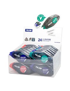 Milan Présentoir de 24 Cintas de Pegamento Compact 8,4mm x 5m - Design Ergonomique - Séchage rapide - Couleurs assorties