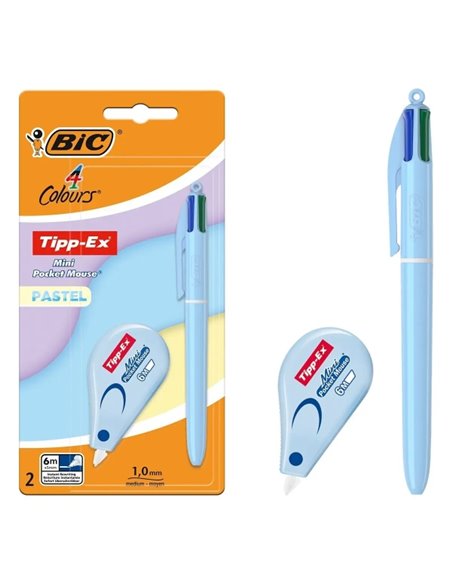 Bic 4 Colours Pastel Pack Avec 1 Stylo à bille de Bola Retractil 4 Couleurs + Correcteur Tipp-Ex Mini Pocket Mouse Pastel 5mmx6m