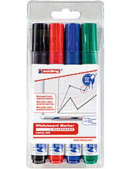 Edding 660 Pack de 4 Feutres Pour Tableau Blanca - Pointe Ronde - Trait entre 1.5 et 3mm - Rechargeable - Séchage rapide - Coule