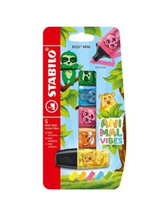 Stabilo Boss Mini Animal Vibes Pack de 5 Mini Marcadores Fluorescentes - Trait entre 2 et 5mm - Encre Avec Base de Eau - Antisec