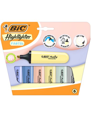 Bic Marking Highlighter Flat Pastel Mineral Pack de 6 Marcadores Fluorescentes - Pointe Biselada - Trait entre 1.20 et 4.60 mm -