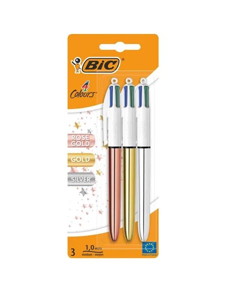 Bic 4 Colours Pack de 3 Boligrafos de Bola Retractil - Pointe de 1mm - Trait de 0.4mm - Encre Avec Base de Aceite - Corps Oro, A