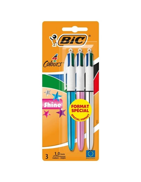 Bic 4 Colours Shine Pack de 3 Boligrafos de Bola Retractil - Pointe de 1mm - Trait de 0.4mm - Encre Avec Base de Aceite - Corps 