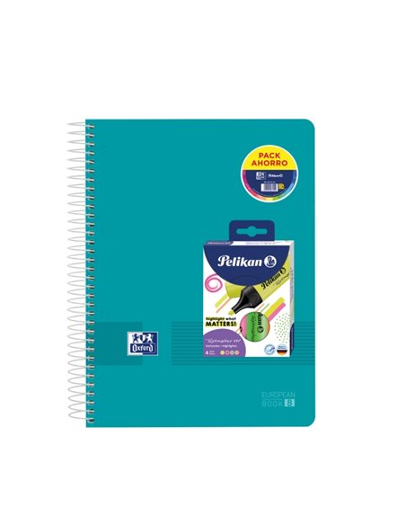 Oxford Europeanbook 8 Live & Go Pack de Cahier Spirale A4+ 160 Feuilles Cuadricula 5x5 + 4 Marcadores Texmarker 490 Pelikan - 8 