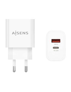 Aisens Cargador 20W - 1xUSB-C PD3.0 - 1xUSB-À QC3.0 - Couleur Blanc